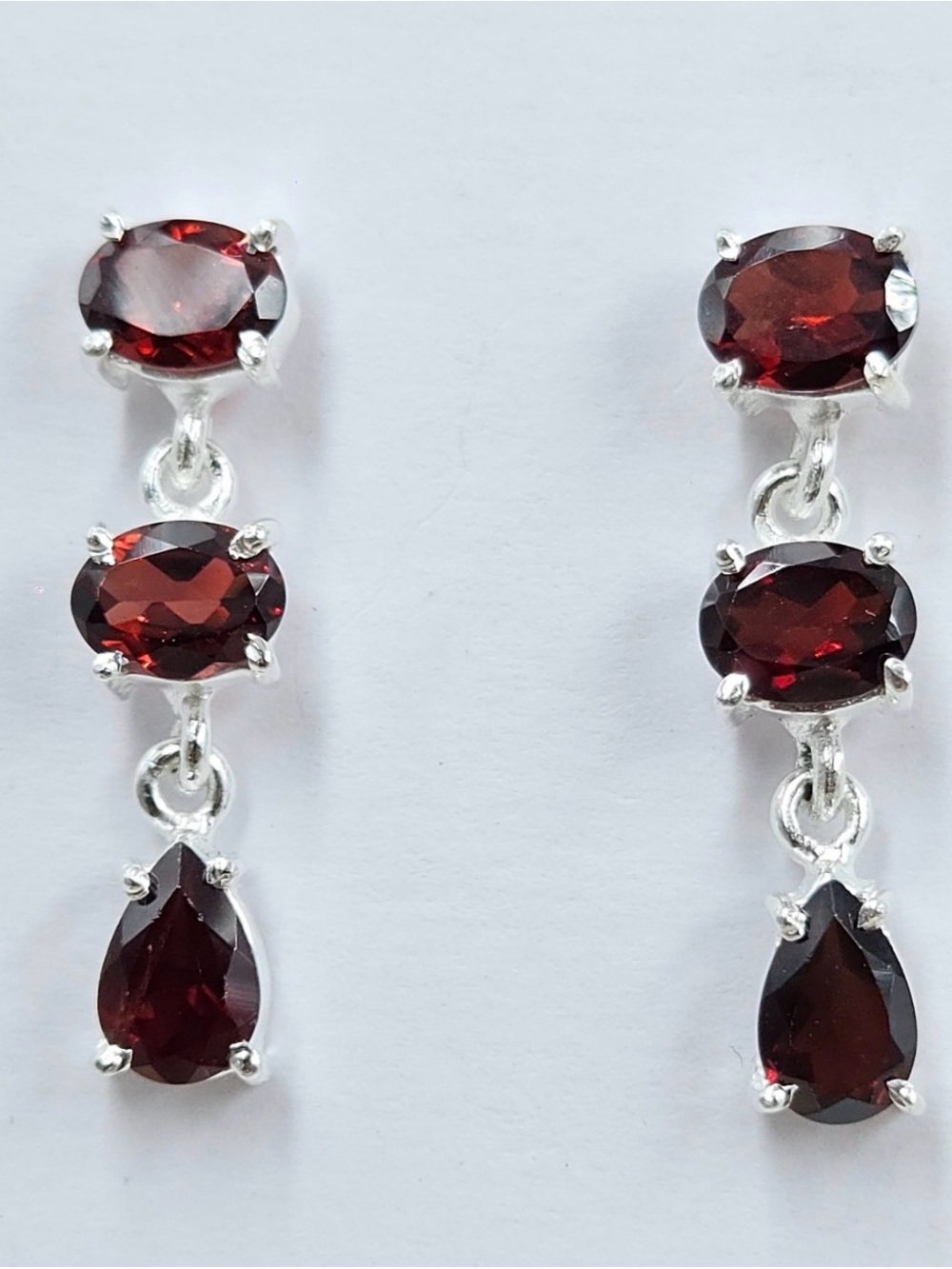 Sterling Silver Garnet Drop Earrings - Deep Red